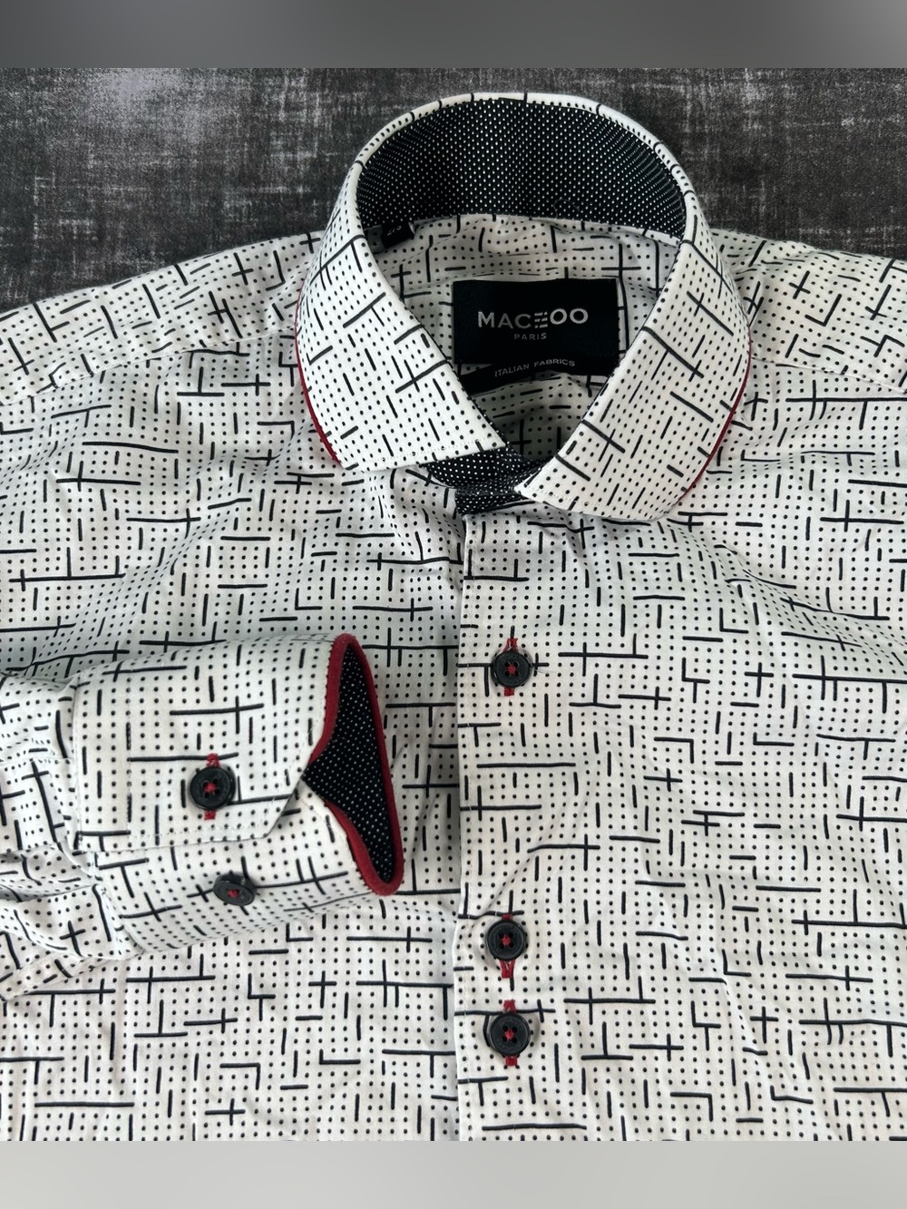 Maceoo Paris Shirt Mens Small White Class Black Tetris Italian Fabrics Button Up